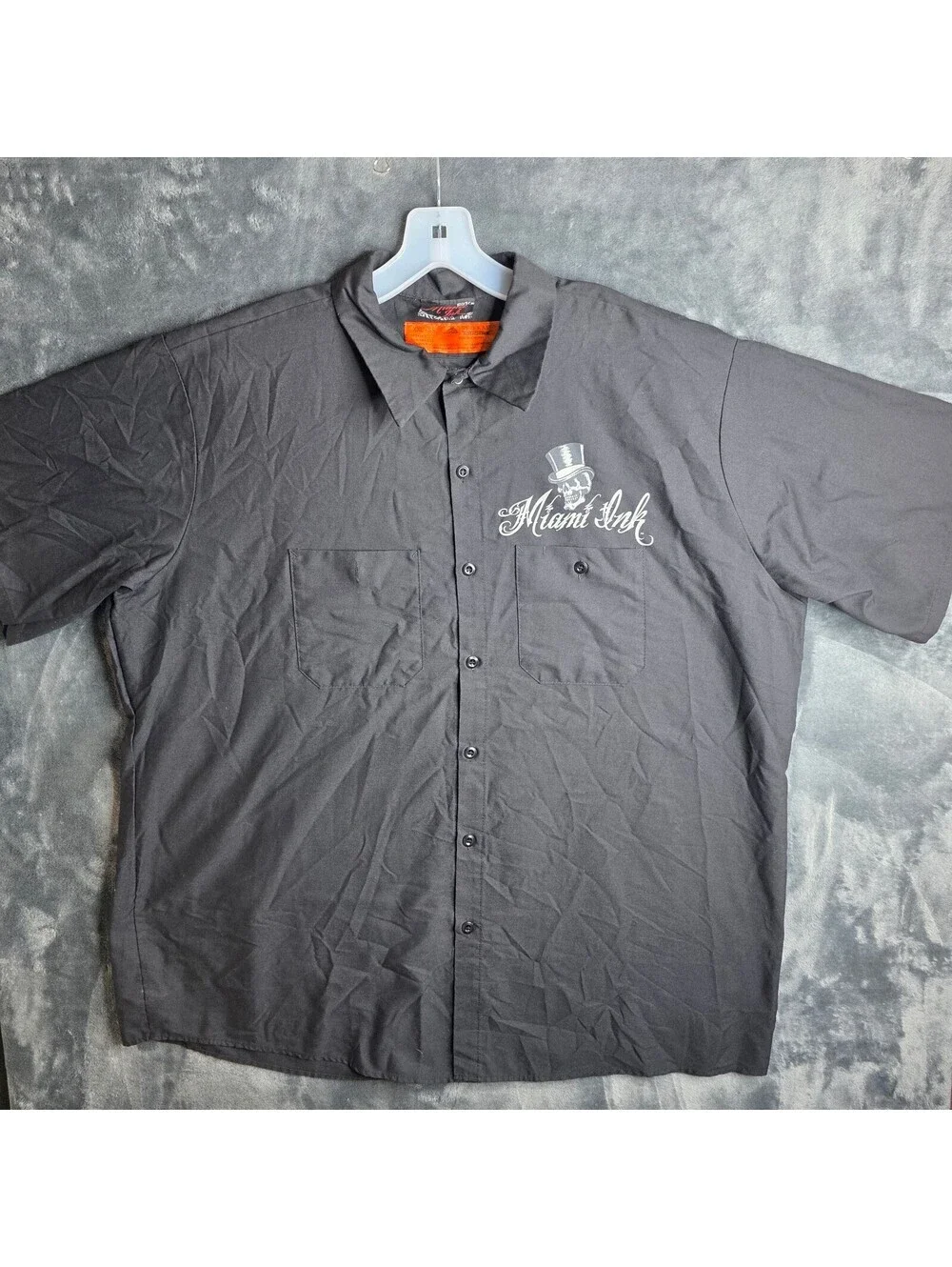 Vintage Miami Ink 2005 Tattoo Skull Graphic Short Sleeve Pocket Button Up XL